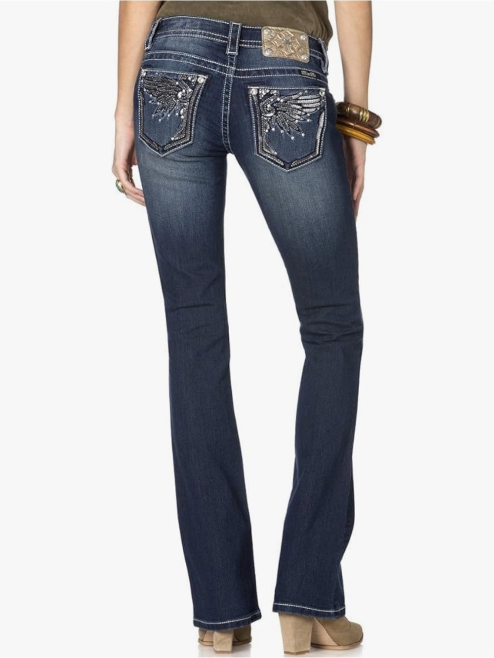 Miss Me Shine On Wings Boot Cut Jeans JP9022B Dark Blue Denim 31 x 34 NWT Sequin